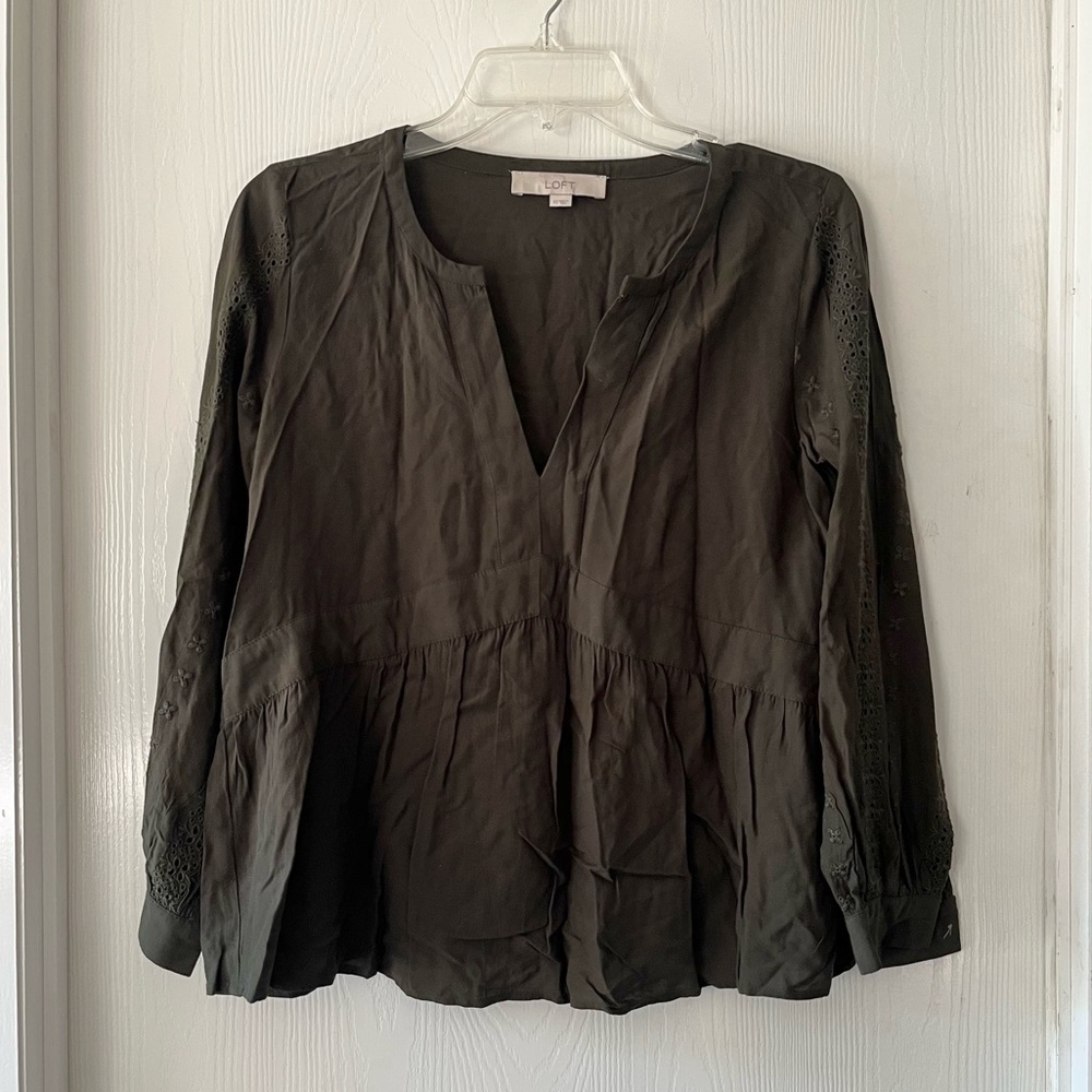 LOFT Hunter Green Olive Blouse with Lace Sleeves